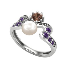 Ner İnci Yüzük - Inci, dumanlı kuvars ve ametist 18 ayar beyaz altın yüzük #1wwcoc