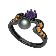 Ner İnci Yüzük - Siyah inci, ametist ve sitrin 925 ayar siyah rodyum kaplama gümüş yüzük #1x4re2p