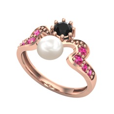 Inci, siyah zirkon ve rodolit garnet 8 ayar rose altın yüzük