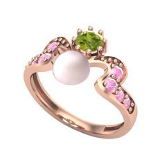 Ner İnci Yüzük - Pembe inci, peridot ve pembe kuvars 14 ayar rose altın yüzük #1x6s2jr