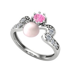 Ner İnci Yüzük - Pembe inci, pembe kuvars ve swarovski 14 ayar beyaz altın yüzük #1xa9egl