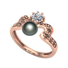 Ner İnci Yüzük - Siyah inci, swarovski ve dumanlı kuvars 18 ayar rose altın yüzük #1xlks03