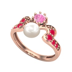 Ner İnci Yüzük - Inci, pembe kuvars ve kök yakut 18 ayar rose altın yüzük #1xn4zvl