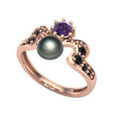 Ner İnci Yüzük - Siyah inci, ametist ve siyah zirkon 8 ayar rose altın yüzük #1xofli9