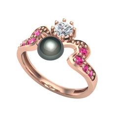 Ner İnci Yüzük - Siyah inci, pırlanta ve rodolit garnet 18 ayar rose altın yüzük (0.35 karat) #1xr1ifi