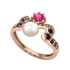 Inci, rodolit garnet ve siyah zirkon 14 ayar rose altın yüzük