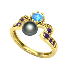 Ner İnci Yüzük - Siyah inci, akuamarin ve ametist 925 ayar altın kaplama gümüş yüzük #1ya69qq