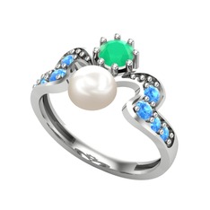 Ner İnci Yüzük - Inci, kök zümrüt ve akuamarin 8 ayar beyaz altın yüzük #1ycp3g9