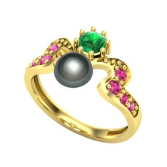 Ner İnci Yüzük - Siyah inci, yeşil kuvars ve rodolit garnet 925 ayar altın kaplama gümüş yüzük #1ygw5pd