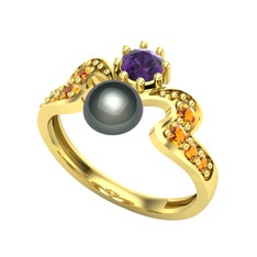 Ner İnci Yüzük - Siyah inci, ametist ve sitrin 14 ayar altın yüzük #1yjv66w