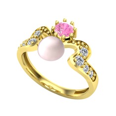 Ner İnci Yüzük - Pembe inci, pembe kuvars ve swarovski 8 ayar altın yüzük #1yplkdo