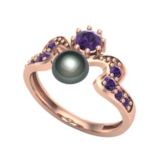 Ner İnci Yüzük - Siyah inci ve ametist 14 ayar rose altın yüzük #26dqvh