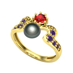 Ner İnci Yüzük - Siyah inci, garnet ve ametist 8 ayar altın yüzük #2gjzhz