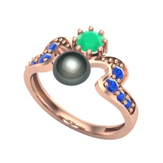 Ner İnci Yüzük - Siyah inci, kök zümrüt ve lab safir 18 ayar rose altın yüzük #2qenjt