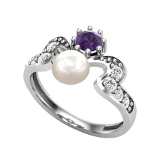 Inci, ametist ve pırlanta 14 ayar beyaz altın yüzük (0.48 karat)