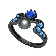 Ner İnci Yüzük - Siyah inci, lab safir ve akuamarin 925 ayar siyah rodyum kaplama gümüş yüzük #314u6u