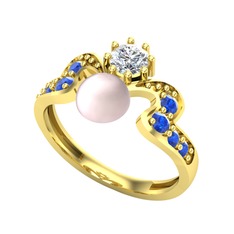 Ner İnci Yüzük - Pembe inci, pırlanta ve lab safir 14 ayar altın yüzük (0.35 karat) #38cwnj