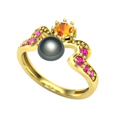 Ner İnci Yüzük - Siyah inci, sitrin ve rodolit garnet 8 ayar altın yüzük #3c9ryn
