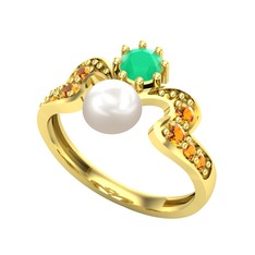 Ner İnci Yüzük - Inci, kök zümrüt ve sitrin 925 ayar altın kaplama gümüş yüzük #3fg7gt