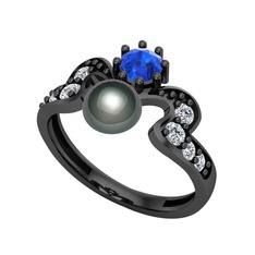 Ner İnci Yüzük - Siyah inci, lab safir ve swarovski 925 ayar siyah rodyum kaplama gümüş yüzük #3i45vm