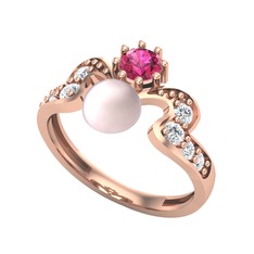Ner İnci Yüzük - Pembe inci, rodolit garnet ve pırlanta 14 ayar rose altın yüzük (0.48 karat) #3k544o