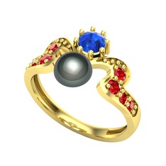 Siyah inci, lab safir ve garnet 14 ayar altın yüzük