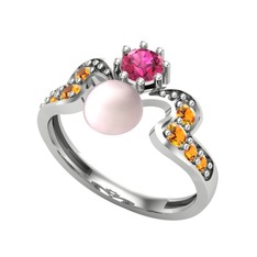 Ner İnci Yüzük - Pembe inci, rodolit garnet ve sitrin 8 ayar beyaz altın yüzük #3p9zch