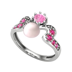 Pembe inci, pembe kuvars ve rodolit garnet 18 ayar beyaz altın yüzük