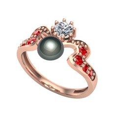 Siyah inci, swarovski ve garnet 8 ayar rose altın yüzük
