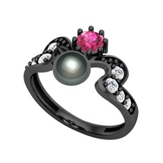 Siyah inci, rodolit garnet ve pırlanta 925 ayar siyah rodyum kaplama gümüş yüzük (0.48 karat)