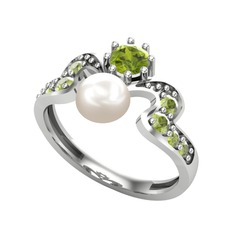 Ner İnci Yüzük - Inci ve peridot 14 ayar beyaz altın yüzük #3s5lf8