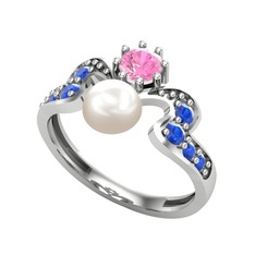 Inci, pembe kuvars ve lab safir 14 ayar beyaz altın yüzük