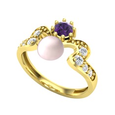Ner İnci Yüzük - Pembe inci, ametist ve pırlanta 14 ayar altın yüzük (0.48 karat) #4n601l