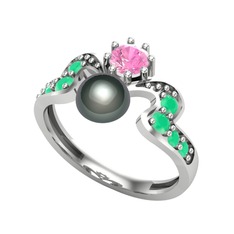 Ner İnci Yüzük - Siyah inci, pembe kuvars ve kök zümrüt 14 ayar beyaz altın yüzük #4nv9cv