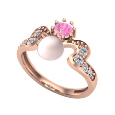 Ner İnci Yüzük - Pembe inci, pembe kuvars ve swarovski 8 ayar rose altın yüzük #4o6uyo
