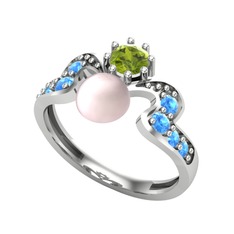 Ner İnci Yüzük - Pembe inci, peridot ve akuamarin 14 ayar beyaz altın yüzük #4s8iz0