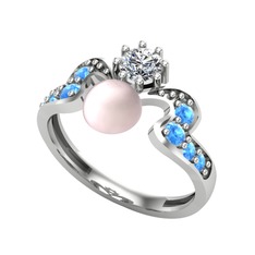 Ner İnci Yüzük - Pembe inci, swarovski ve akuamarin 18 ayar beyaz altın yüzük #4t473w