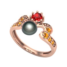 Ner İnci Yüzük - Siyah inci, garnet ve sitrin 18 ayar rose altın yüzük #4vmtz0