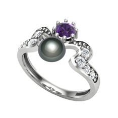 Ner İnci Yüzük - Siyah inci, ametist ve pırlanta 8 ayar beyaz altın yüzük (0.48 karat) #4xmp0t
