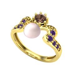 Ner İnci Yüzük - Pembe inci, dumanlı kuvars ve ametist 8 ayar altın yüzük #56ictn