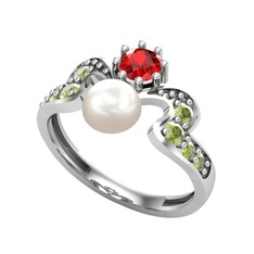 Inci, garnet ve peridot 8 ayar beyaz altın yüzük