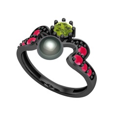 Ner İnci Yüzük - Siyah inci, peridot ve kök yakut 925 ayar siyah rodyum kaplama gümüş yüzük #58gm31
