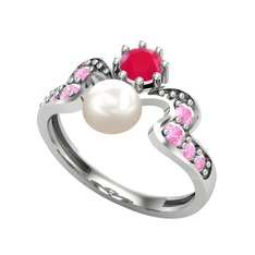 Ner İnci Yüzük - Inci, kök yakut ve pembe kuvars 14 ayar beyaz altın yüzük #5gu4n6