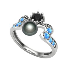 Ner İnci Yüzük - Siyah inci, siyah zirkon ve akuamarin 14 ayar beyaz altın yüzük #5k60pk
