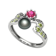 Ner İnci Yüzük - Siyah inci, rodolit garnet ve peridot 18 ayar beyaz altın yüzük #5sux9z