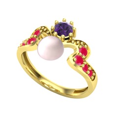 Ner İnci Yüzük - Pembe inci, ametist ve kök yakut 925 ayar altın kaplama gümüş yüzük #5t2uri
