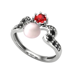 Ner İnci Yüzük - Pembe inci, garnet ve siyah zirkon 18 ayar beyaz altın yüzük #5yyadt