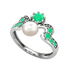 Ner İnci Yüzük - Inci ve kök zümrüt 18 ayar beyaz altın yüzük #65i1w8
