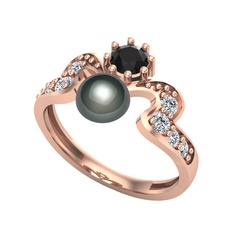 Ner İnci Yüzük - Siyah inci, siyah zirkon ve swarovski 18 ayar rose altın yüzük #68kb42