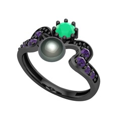 Ner İnci Yüzük - Siyah inci, kök zümrüt ve ametist 925 ayar siyah rodyum kaplama gümüş yüzük #6e4gzv